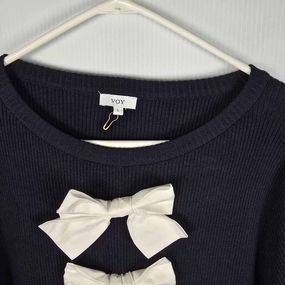 Voy Womens Navy Ribbed Short Puff Sleeve Sweater With White Bows Ruffle Size L - Picture 5 of 13